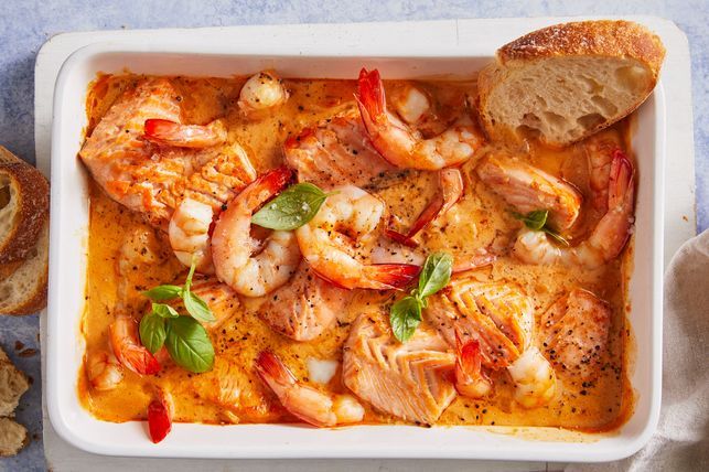 Creamy Seafood bake with garlic in Italy